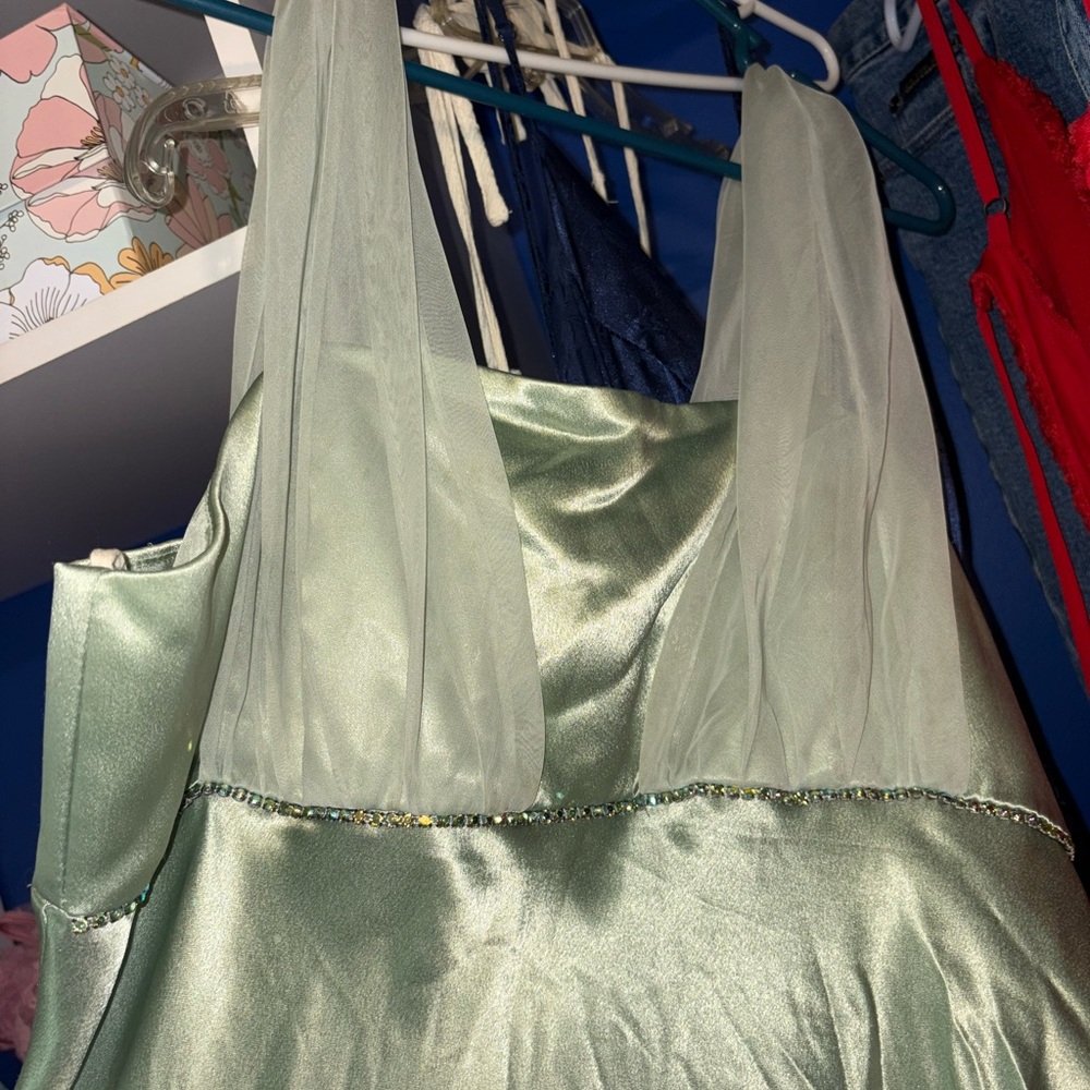 Elegant Green Satin Dress with Sheer Straps